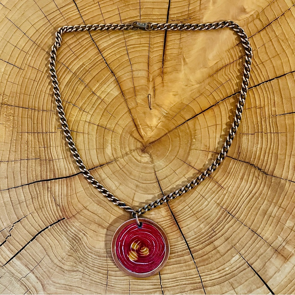 Vintage 1950s Matisse Renoir Gracelet necklace Copper Chain Red Enamel Swirl
